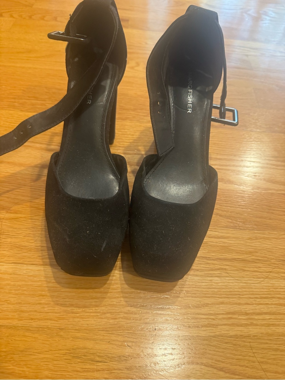 Marc Fisher Black Suede Square-Toe Ankle-Strap Block Heels